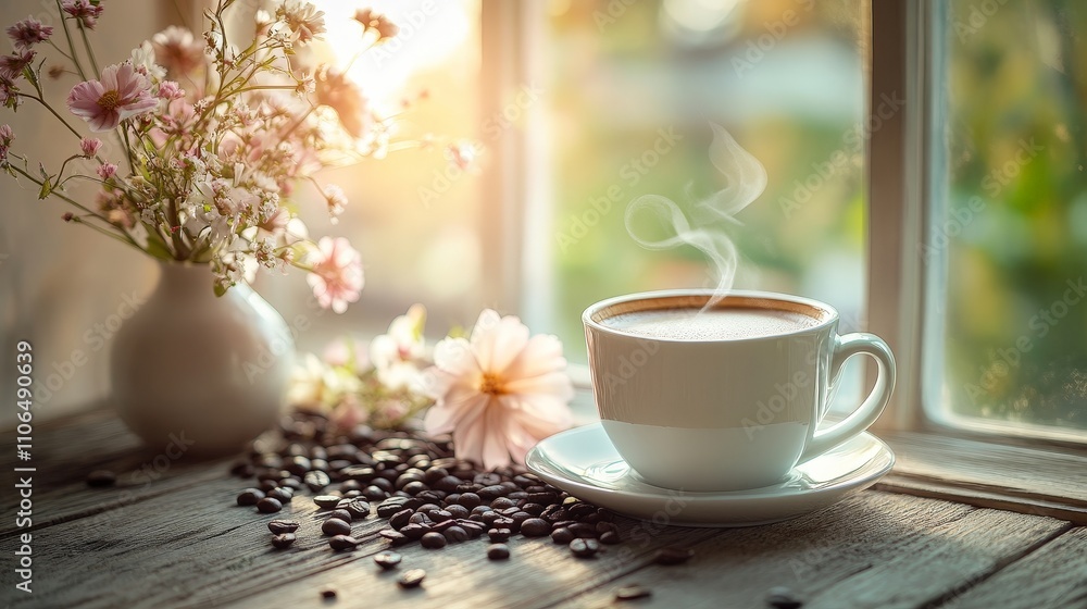 A serene coffee scene with flowers and coffee beans by a window. A serene coffee scene with flowers and coffee beans by a window.