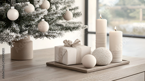 Cozy and Elegant Christmas Living Room with Flocked Tree, Neutral Decor, and Candlelight Ambiance