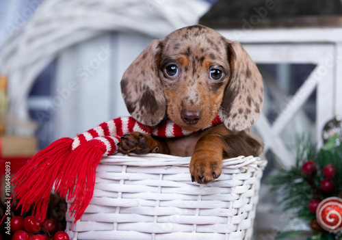 New Years puppy dachshund merle color; Christmas dog