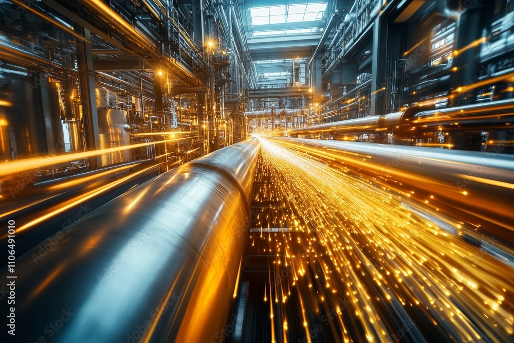 High-Speed Motion Inside an Industrial Facility with Flowing Lights and Sparks Illustrating Energy and Movement in Modern Machinery High-Speed Motion Inside an Industrial Facility with Flowing Lights and Sparks Illustrating Energy and Movement in Modern Machinery