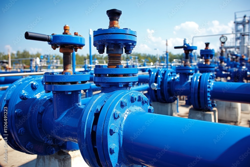 Industrial Blue Valves and Pipes Under Bright Sky, Modern Equipment in Water Treatment Facility for Efficient Resource Management Industrial Blue Valves and Pipes Under Bright Sky, Modern Equipment in Water Treatment Facility for Efficient Resource Management