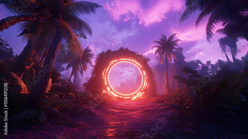 A mysterious ancient gate with glowing neon rings stands in the center of an alien jungle