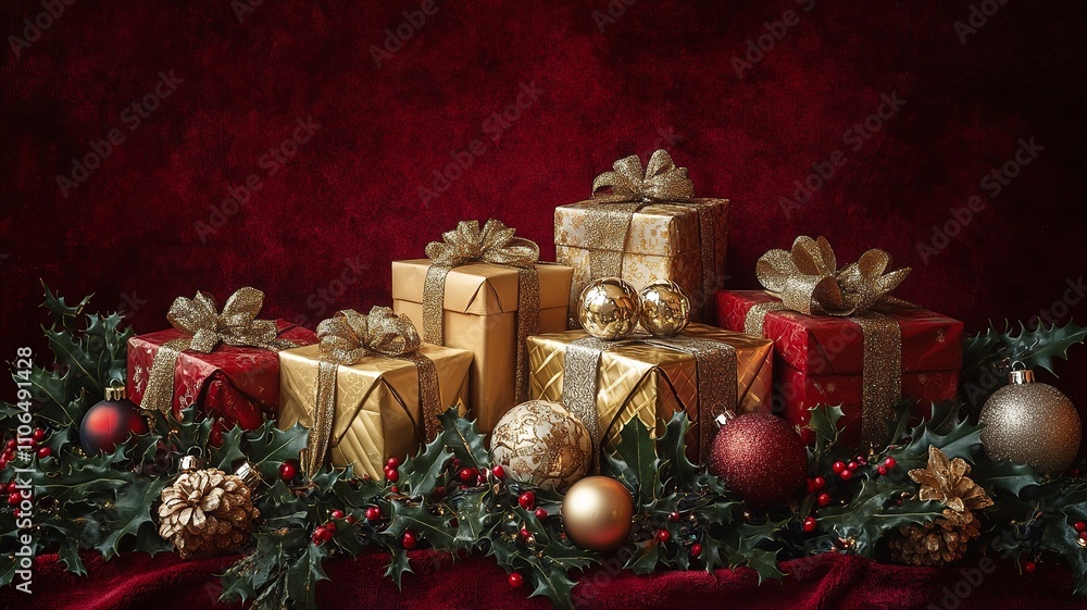 This elegant vertical Christmas scene features a playful assortment of gifts in bold patterns and bright colors, set against a striking red background with whimsical ornaments, perfect for a cheerful This elegant vertical Christmas scene features a playful assortment of gifts in bold patterns and bright colors, set against a striking red background with whimsical ornaments, perfect for a cheerful