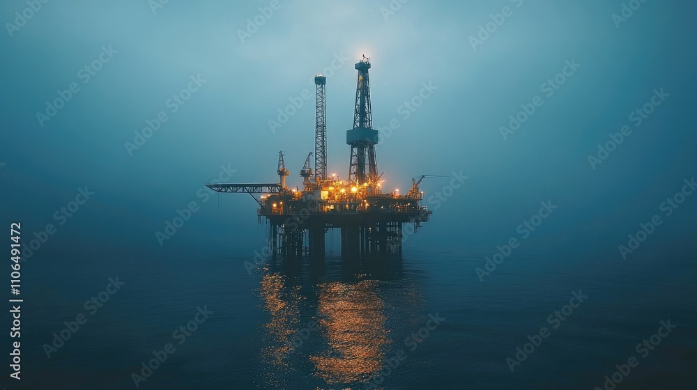 Offshore Oil Rig at Dusk with Lights Reflected on Water Surface Offshore Oil Rig at Dusk with Lights Reflected on Water Surface