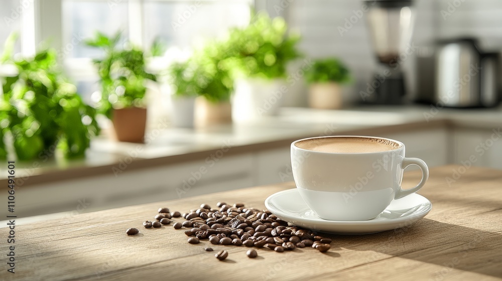 A serene kitchen scene featuring a cup of coffee and scattered coffee beans. A serene kitchen scene featuring a cup of coffee and scattered coffee beans.