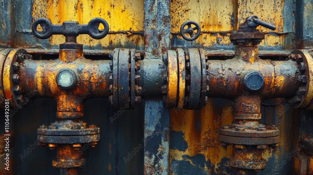 Rusty Industrial Pipes with Valves and Corrosion on Metal Background Rusty Industrial Pipes with Valves and Corrosion on Metal Background