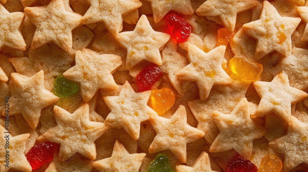 Star-Shaped Cookies with Colorful Candy Pieces on Rustic Background Star-Shaped Cookies with Colorful Candy Pieces on Rustic Background