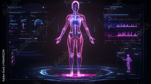 Holographic female body with health data overlay.