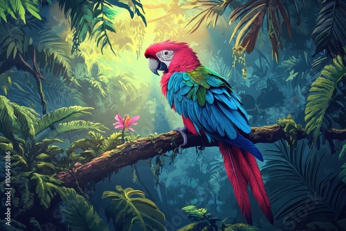 Wallpaper Mural Vibrant parrot perched on a tree branch in a tropical rainforest with sunlight filtering through lush green leaves Torontodigital.ca