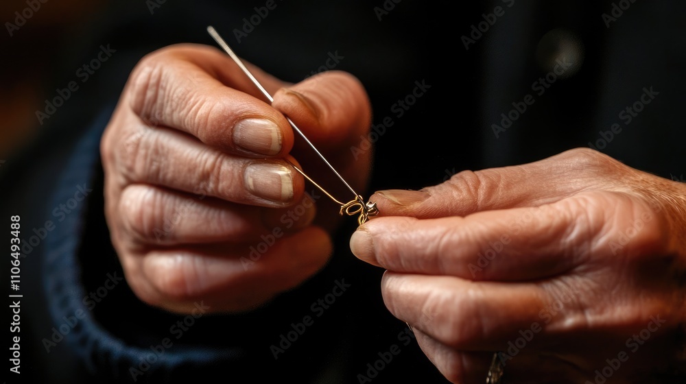 Skilled Artisan Hands Threading Needle with Precision and Care Skilled Artisan Hands Threading Needle with Precision and Care