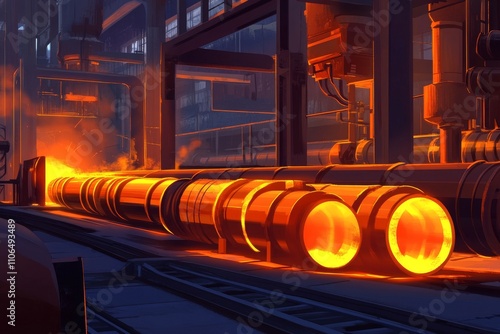 Industrial Scene Featuring Hot Metal Processing with Glowing Pipes and Machinery in a Steel Factory at Dusk