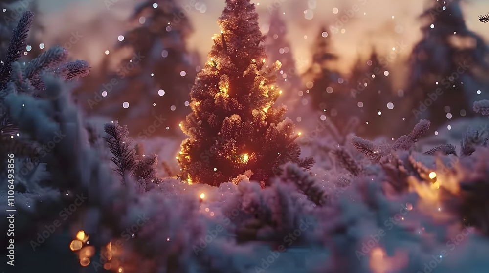 Illuminated Christmas tree in snowy forest at sunset. Illuminated Christmas tree in snowy forest at sunset.