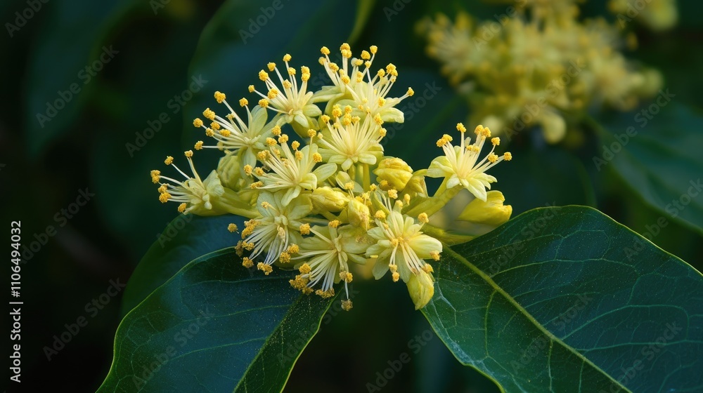 Close-Up View of Yellow Flower Cluster with Green Leaves in Nature Close-Up View of Yellow Flower Cluster with Green Leaves in Nature