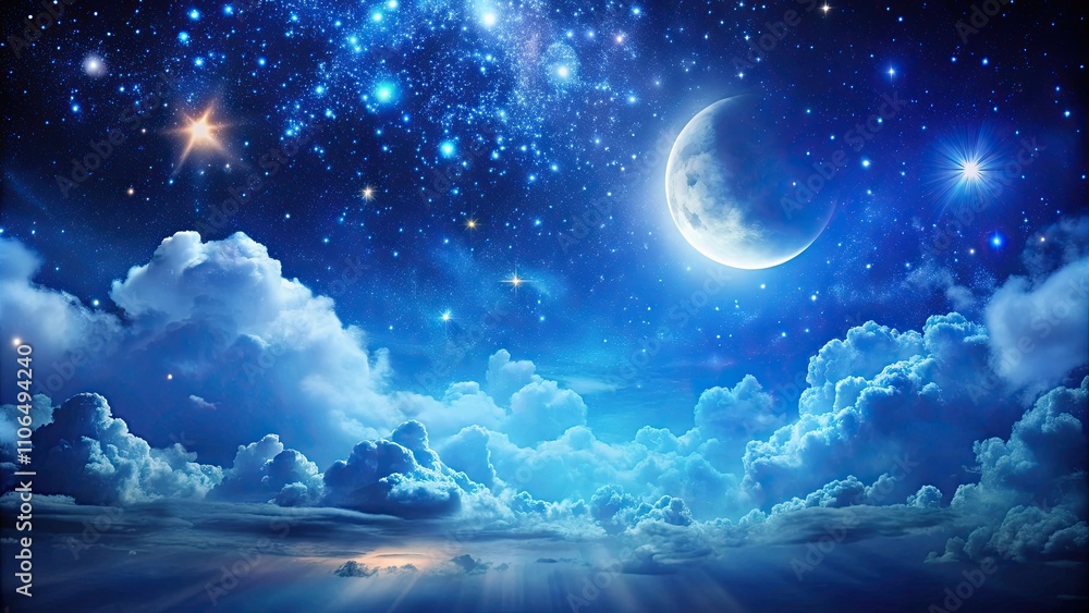 Fototapeta premium Abstract glowing peaceful background with blue night sky, moon, stars, and beautiful clouds, Peaceful, Abstract, Glowing, Background