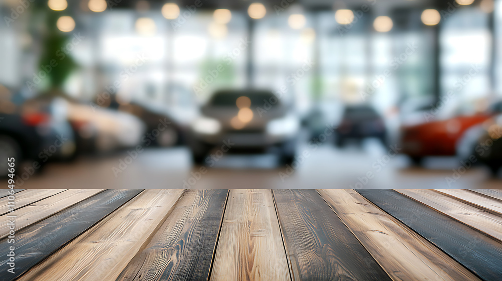 Empty wood table top with cars in showroom blurred defocused background Empty wood table top with cars in showroom blurred defocused background