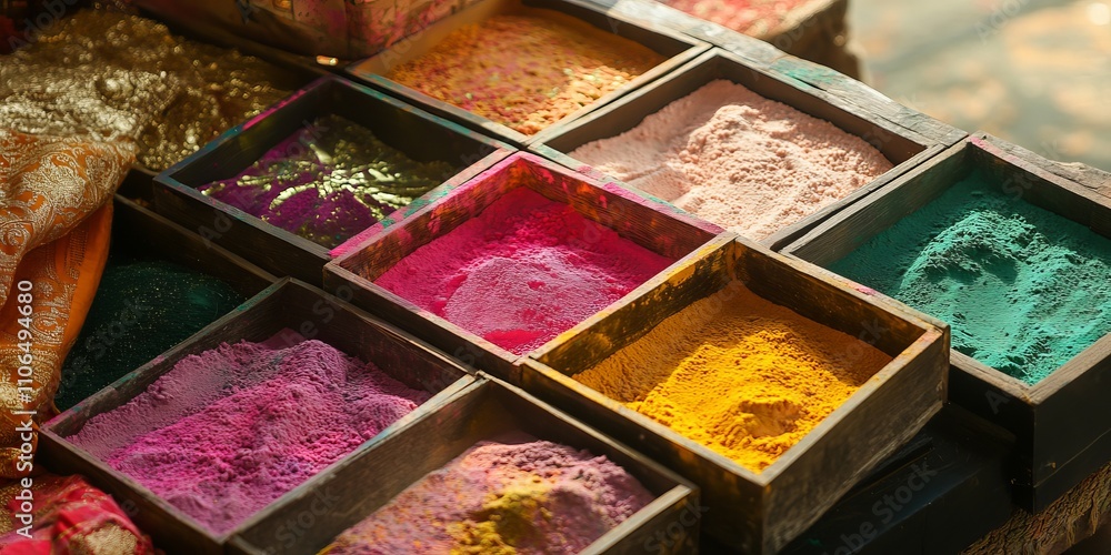 Fototapeta premium Vibrant Holi Powder Colors in Wooden Boxes - Festive Indian Market Sta