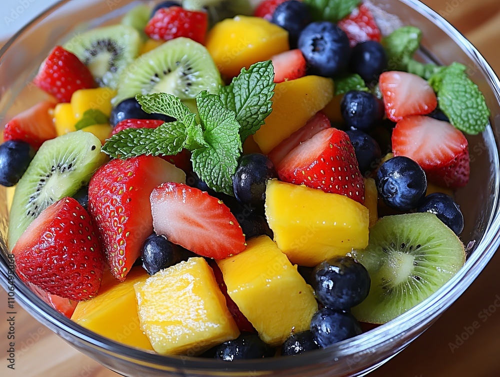 Refreshing Summer Fruit Salad in Glass Bowl - Close-Up Refreshing Summer Fruit Salad in Glass Bowl - Close-Up
