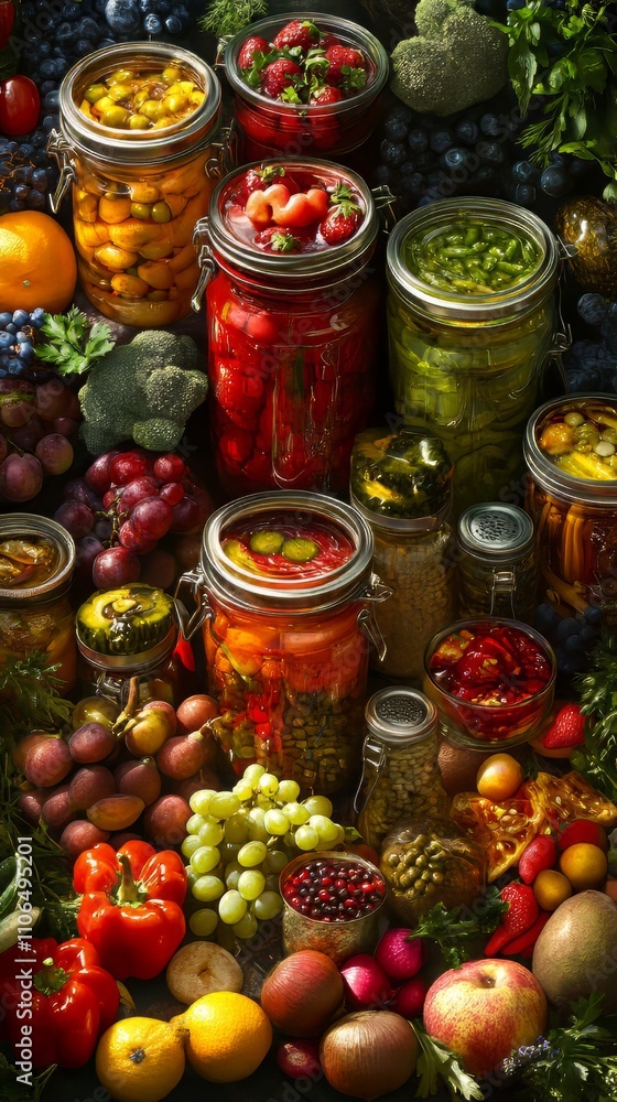 An assortment of various fruits and vegetables that have been canned at home. canned food. Ultra realistic. Photorealistic hypermaximalist advertising photography hyper realistic fine detail An assortment of various fruits and vegetables that have been canned at home. canned food. Ultra realistic. Photorealistic hypermaximalist advertising photography hyper realistic fine detail