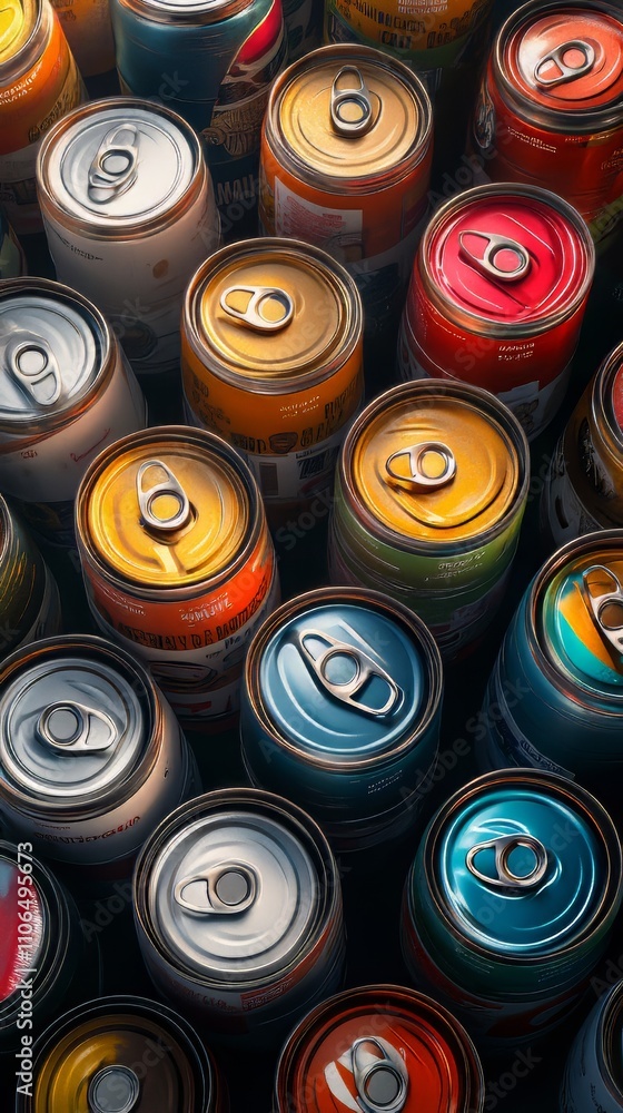 Fototapeta premium Background of multiple sealed food cans. canned food. Ultra realistic. Photorealistic hypermaximalist advertising photography hyper realistic fine detail