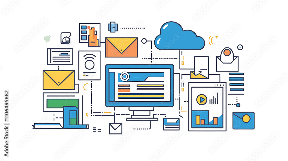 Process of business digitization, with data being transferred and uploaded to a cloud server for storage and remote access Process of business digitization, with data being transferred and uploaded to a cloud server for storage and remote access