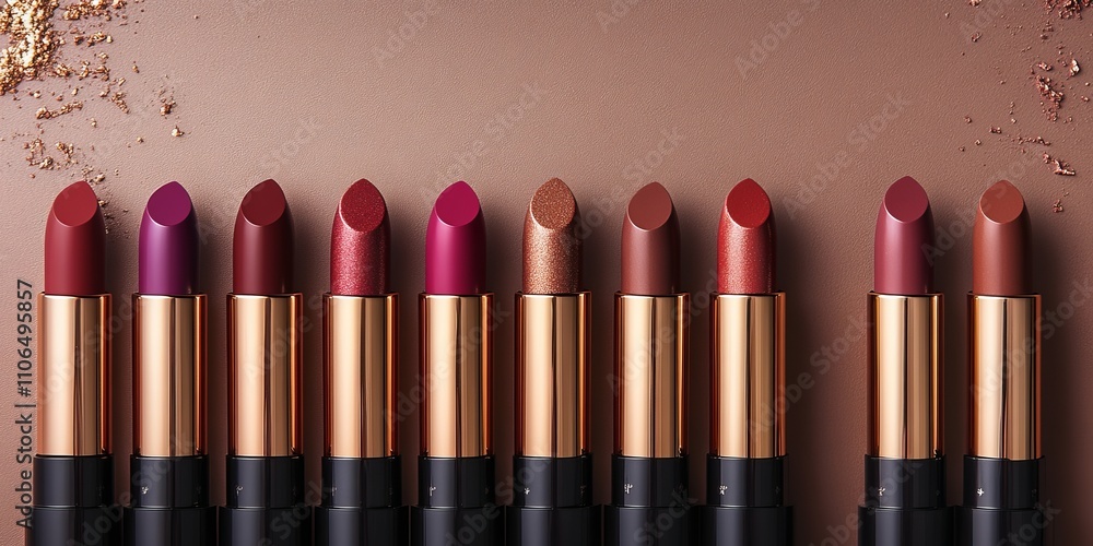 Obraz premium Ten Elegant Lipsticks Aligned on Brown Background - Rose Gold Accents