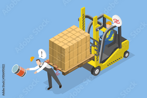 3D Isometric Flat Vector Illustration of Industrial Accident, Man Injured After Warehouse Forklift Truck With Cargo Collision