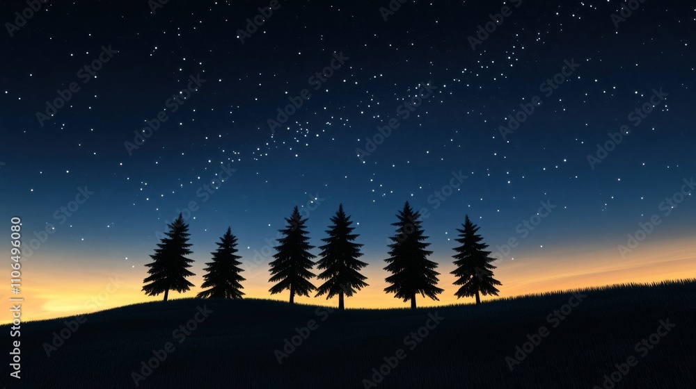 Naklejka premium Silhouetted pine trees stand against a starry night sky at dusk, AI