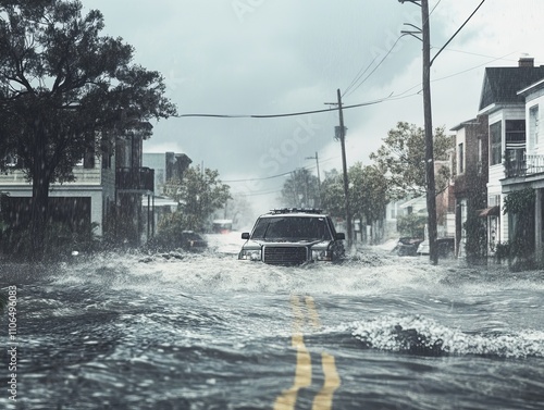 SUV Driving Through Flooded Street During Hurricane - Dramatic Scene photo