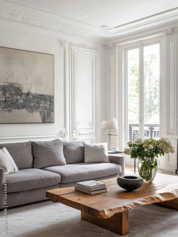 Fototapeta premium Elegant Living Room with Gray Sofa and Wooden Coffee Table