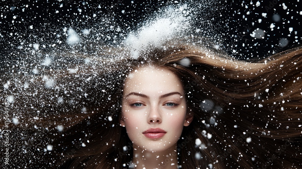 Snowfall beauty captivating portrait of a woman with snowflakes studio setting portrait photography ethereal mood Snowfall beauty captivating portrait of a woman with snowflakes studio setting portrait photography ethereal mood