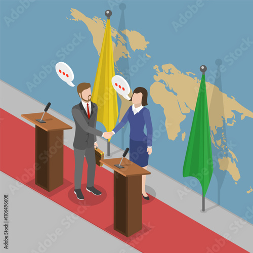 3D Isometric Flat Vector Illustration of Diplomacy, International Diplomats Gather For Negotiations And Signing Of Agreements
