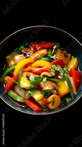 Colorful vegetable stir-fry in a bowl. chinese food. Ultra realistic. Photorealistic hypermaximalist advertising photography hyper realistic fine detail