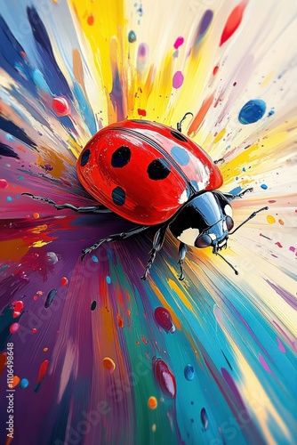 Ladybug in vibrant splash of colors	 photo