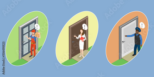 3D Isometric Flat Vector Illustration of Characters Knocking On Door, Entrance to Apartment or Office