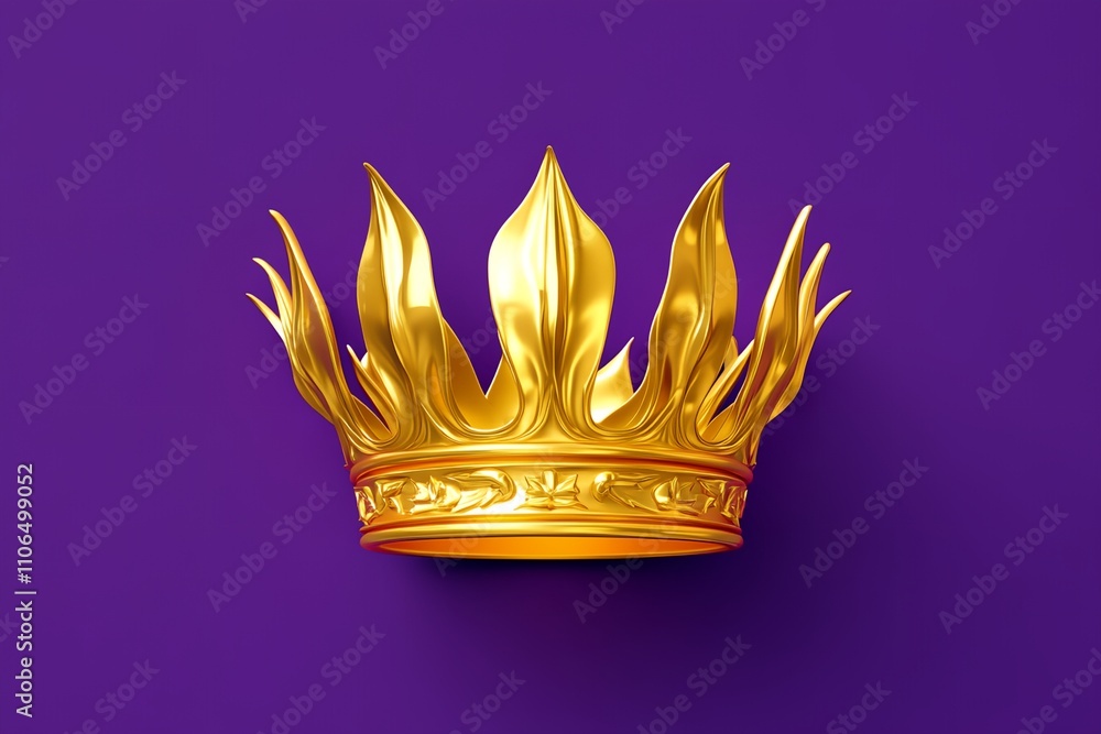 A gold crown with a flame design on it. The crown is on a purple background A gold crown with a flame design on it. The crown is on a purple background