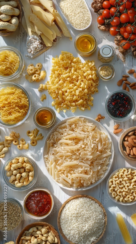 Food donations such as pasta, rice, oil, peanut butter, canned food, jam and other on white wooden table , top view. canned food. Food donations such as pasta, rice, oil, peanut butter, canned food, jam and other on white wooden table , top view. canned food.
