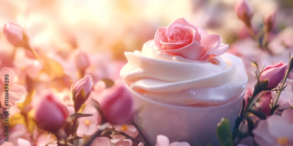 A cupcake with a pink frosting and a rose on top is sitting on a bed of pink flowers A cupcake with a pink frosting and a rose on top is sitting on a bed of pink flowers