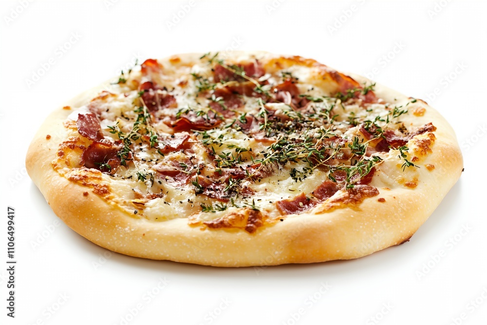 A pizza with bacon and herbs on top. The pizza is sitting on a white background. The pizza is the main focus of the image A pizza with bacon and herbs on top. The pizza is sitting on a white background. The pizza is the main focus of the image
