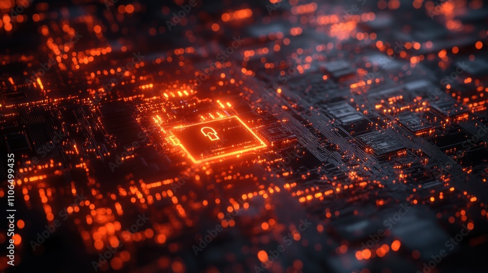 A glowing red padlock icon on a circuit board. A glowing red padlock icon on a circuit board.