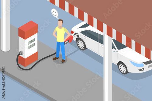 3D Isometric Flat Vector Illustration of Automobile Refill, Person Refueling Vehicle At Gas Station.
