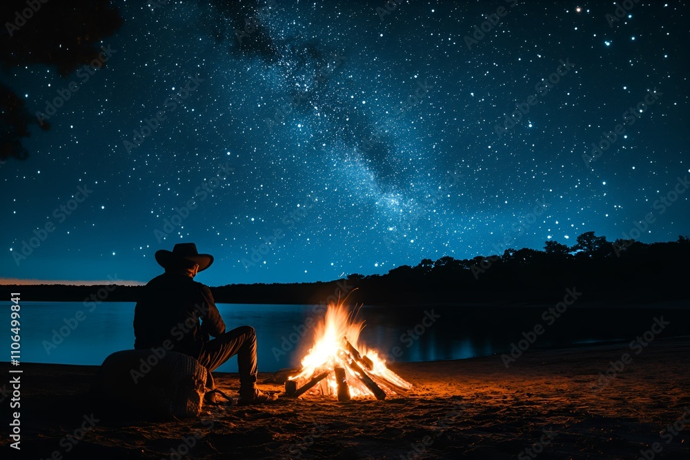 Silhouette of a man sitting by a campfire under a starry sky with the Milky Way reflection on a calm lake Silhouette of a man sitting by a campfire under a starry sky with the Milky Way reflection on a calm lake