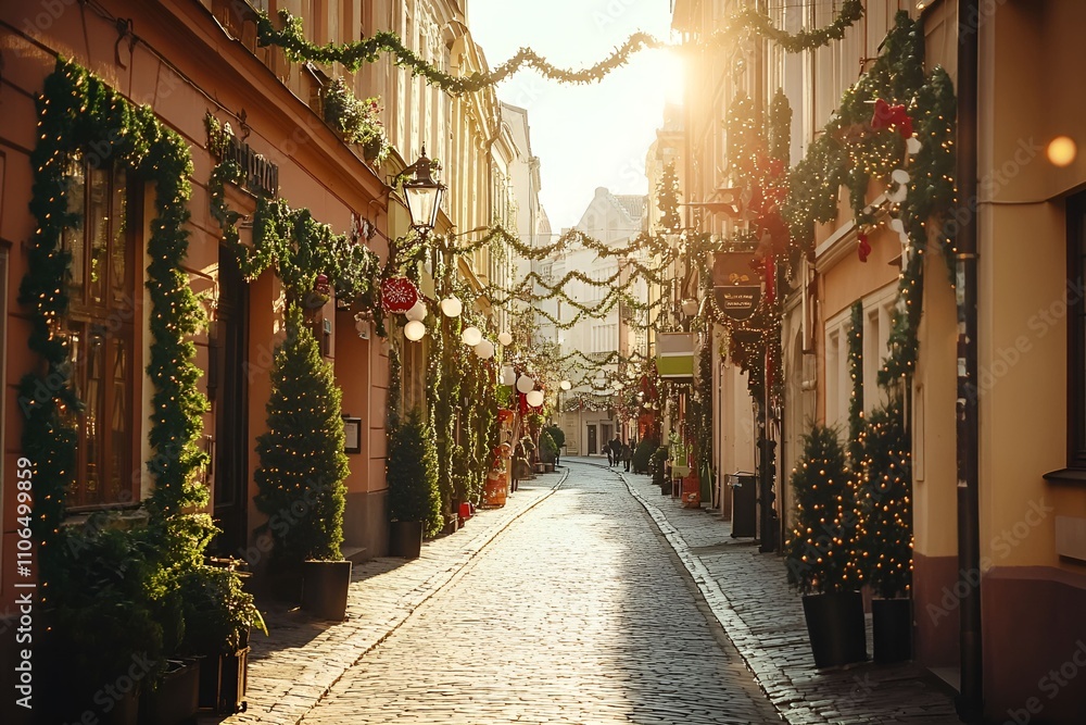 Charming cobblestone street decorated with Christmas garlands, lit trees, and warm sunlight Charming cobblestone street decorated with Christmas garlands, lit trees, and warm sunlight