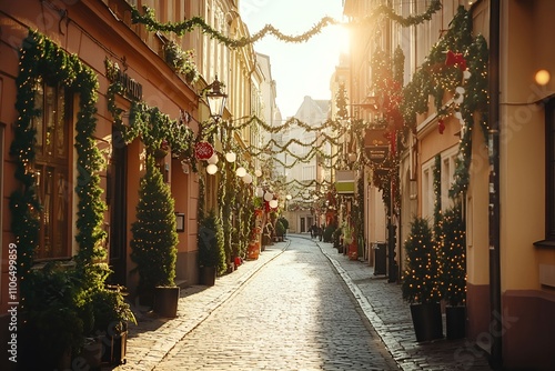 Charming cobblestone street decorated with Christmas garlands, lit trees, and warm sunlight photo