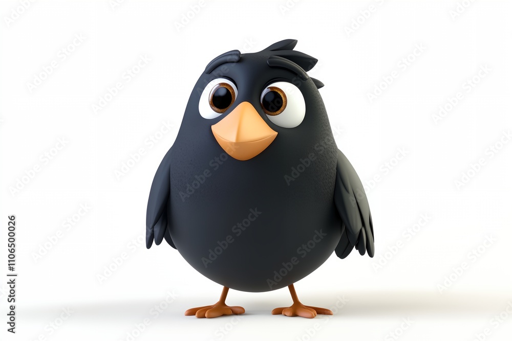 Obraz premium A cartoon bird with a black body and orange feet. The bird is looking at the camera with a curious expression