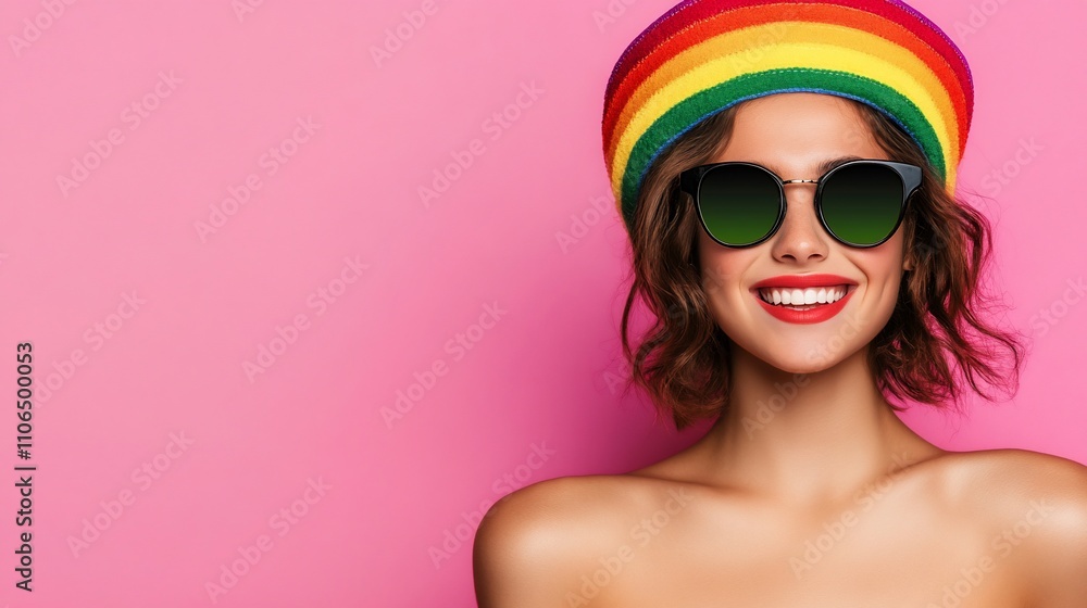 Happy woman in rainbow beret and sunglasses on pink background. Happy woman in rainbow beret and sunglasses on pink background.