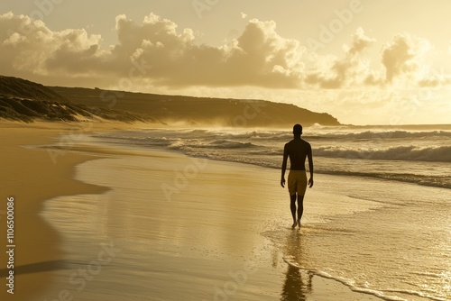 Serene Sunset Walk: A Man Strolling Along a Tranquil Beach Shoreline with Gentle Waves and a Golden Sky Reflecting Warm Hues of Nature's Beauty in the Evening