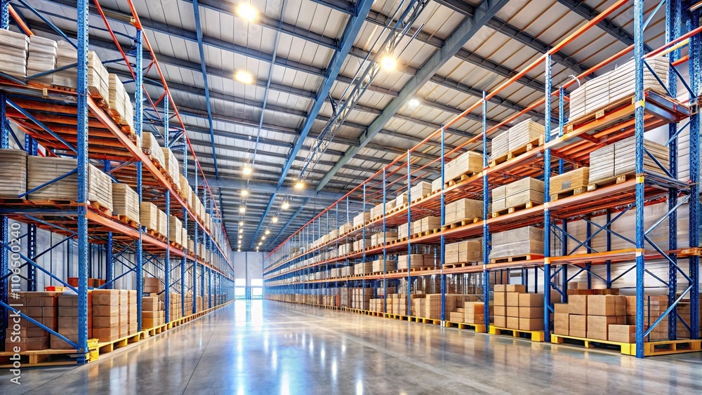 Large, spacious warehouse with empty shelves and modern design, warehouse, storehouse, empty, large, modern, industrial Large, spacious warehouse with empty shelves and modern design, warehouse, storehouse, empty, large, modern, industrial