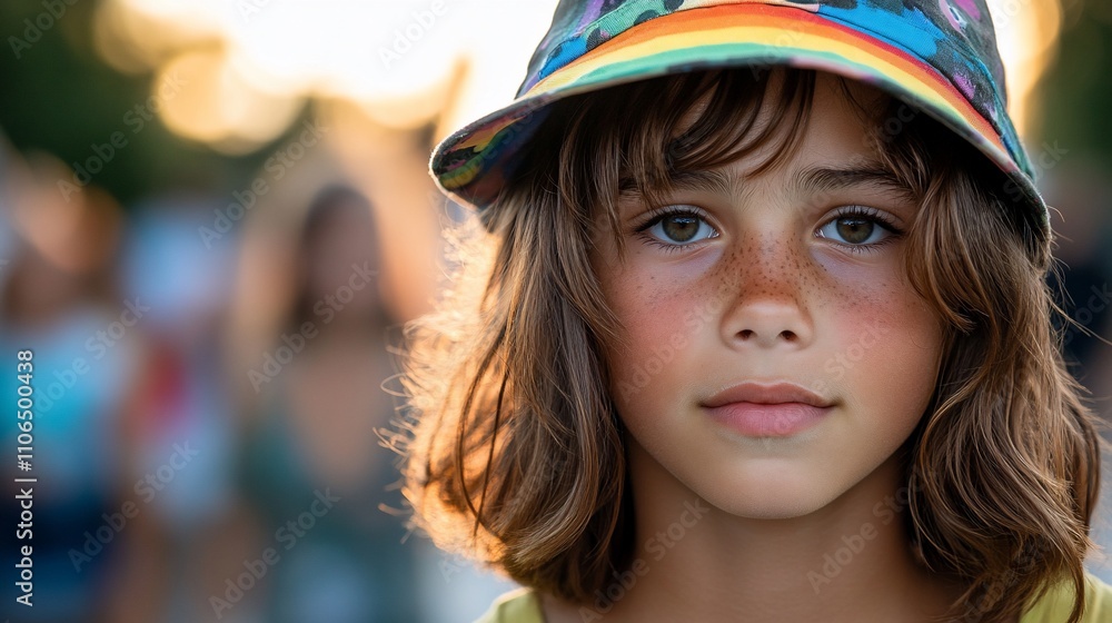Portrait of a girl with freckles wearing a colorful hat. Portrait of a girl with freckles wearing a colorful hat.