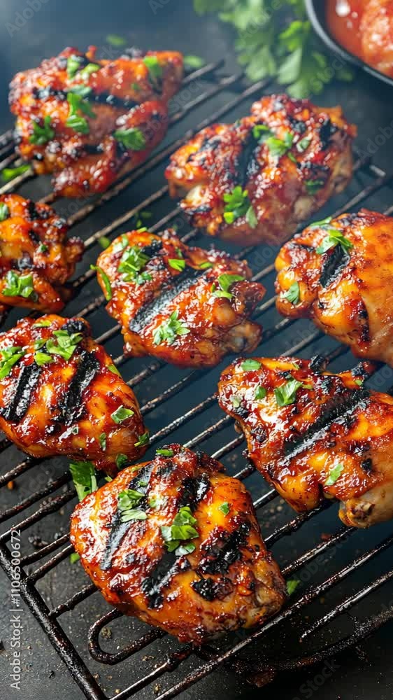 Grilled chicken thighs coated in flavorful marinade on a barbecue grill with herbs and spices Grilled chicken thighs coated in flavorful marinade on a barbecue grill with herbs and spices