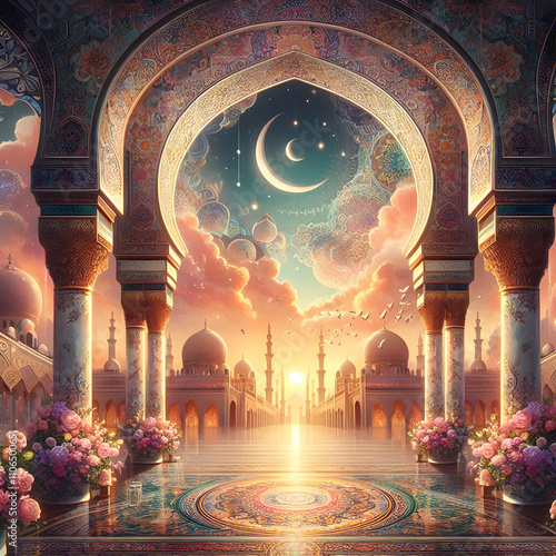 Beautiful Islamic Mosque Devine Spiritual Arabic Art HD Image. Muslim Masjid Concept Background for Whishing Happy Eid, Friday, Holy Ramadan, Good Morning, For Islamic Status or Posts Greetings Image. photo